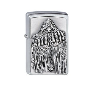 Zippo Game Over Emblem chrome aansteker met Magere Hein embleem en geborstelde afwerking