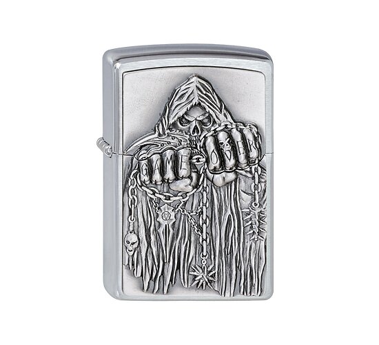 Zippo Game Over Emblem chrome aansteker met Magere Hein embleem en geborstelde afwerking