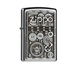 Zilverkleurige Zippo Gear Wheels aansteker met satin chromen afwerking en gedetailleerde 3D gravure van tandwielen en schroeven