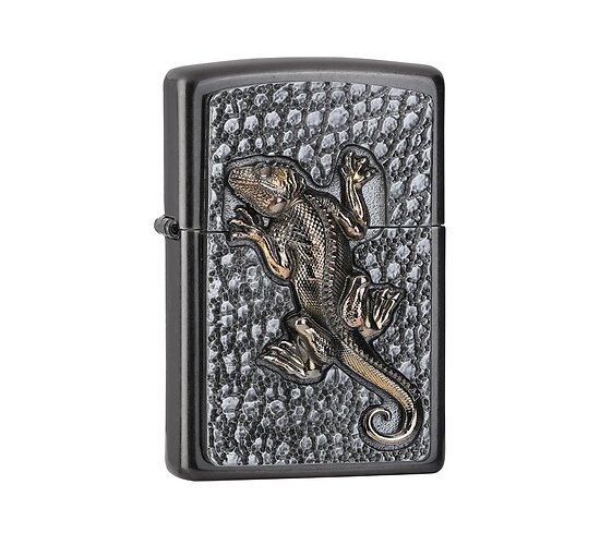 Zippo Gecko Tri-Colour regular aansteker met Gray Dusk afwerking, zwart gehamerd reliëf en bronskleurig gecko-embleem