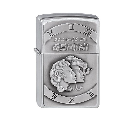 Zippo Gemini emblem aansteker met geborstelde zilveren afwerking en reliëf Tweelingen design