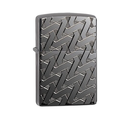 Zippo Armor High Polish Black Ice aansteker met diep gegraveerd geometric weave patroon voorkant
