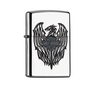 Zippo Harley-Davidson Black dragon met gepolijste chrome afwerking en zwart gedetailleerd draakmotief en Harley-Davidson logo