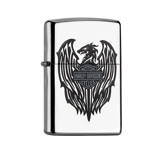 Zippo Harley-Davidson Black dragon met gepolijste chrome afwerking en zwart gedetailleerd draakmotief en Harley-Davidson logo