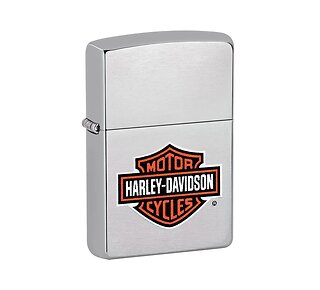 Zippo Harley Davidson Chrome aansteker met geborstelde afwerking en origineel oranje zwart Harley Davidson logo