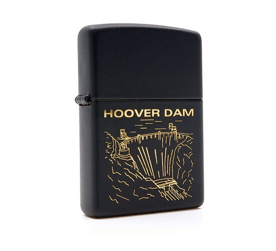 Zippo Hoover Dam aansteker met matte zwarte afwerking en gouden lasergravure van Hoover Dam