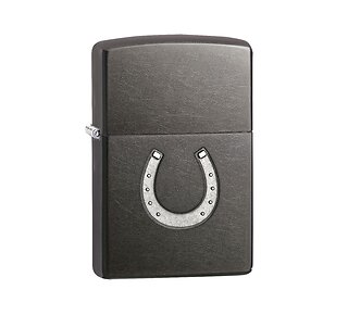Zippo Horseshoe Regular aansteker met gestempeld hoefijzer en grijs-zwarte Gray Dusk afwerking