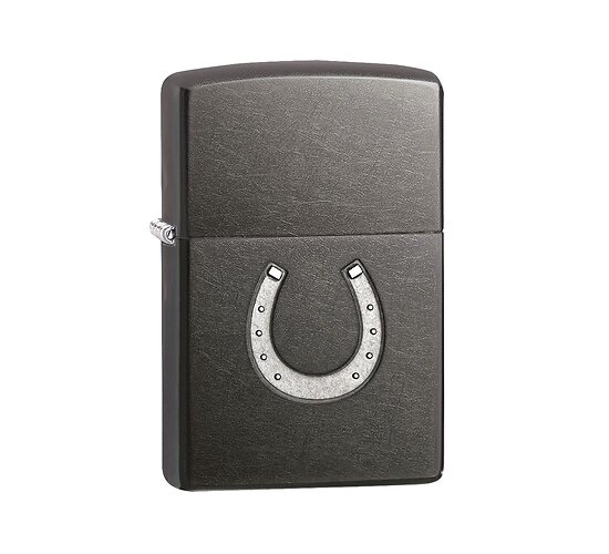 Zippo Horseshoe Regular aansteker met gestempeld hoefijzer en grijs-zwarte Gray Dusk afwerking