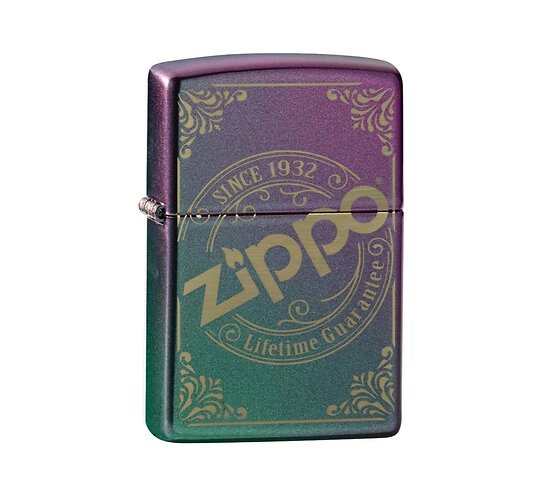 Zippo Regular aansteker met iriserende paars-groen-blauwe afwerking en gouden lasergegraveerd Zippo-logo since 1932 met reliëf