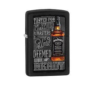 Zippo Ready Zwart Jack Daniel's aansteker met matte afwerking en amberkleurige flesprint en tekst 'Tasted for flavor by masters until deemed ready'