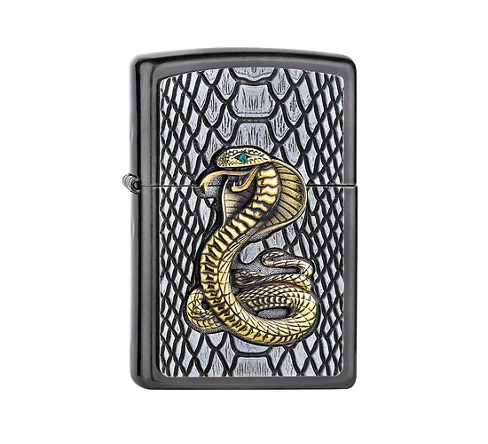 Zippo Kobra Tri-Colour aansteker met gouden slang embleem en smaragd groen kristal op grijs zwart slangenhuid patroon