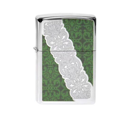 Zippo Luxury green chrome aansteker met luxe gravure en groene print