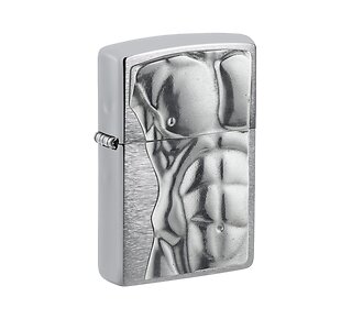 Zippo aansteker met geborstelde chromen afwerking en 3D embleem van mannelijk torso