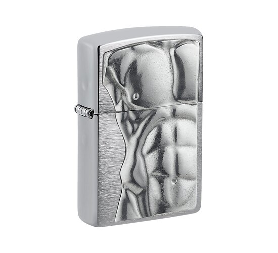 Zippo aansteker met geborstelde chromen afwerking en 3D embleem van mannelijk torso