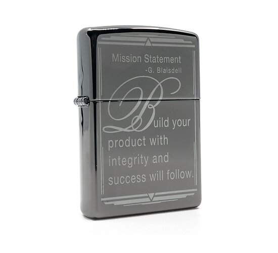 Zippo Mission statement aansteker in gepolijst Black ice met lasergravure van quote in witte kleur