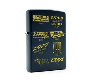Donkerblauwe Zippo Planeta logos aansteker met matte afwerking en gele originele Zippo logo prints