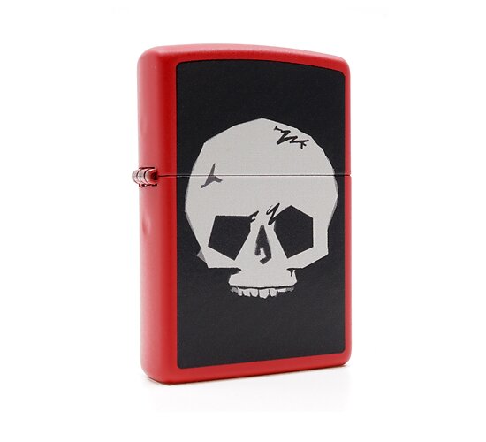 Zippo Planeta skull aansteker met matte rode behuizing en wit schedelprint op zwarte achtergrond