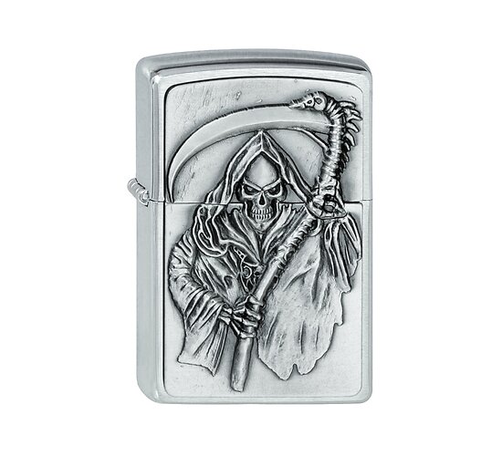 Zippo Reapers Curse emblem Regular aansteker met geborstelde chrome afwerking en 3D Grim Reaper embleem
