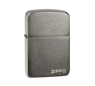 Zippo Replica 1941 Black ice aansteker met geborstelde afwerking en lasergravure, zwart-grijs van kleur met Zippo-logo rechtsonder