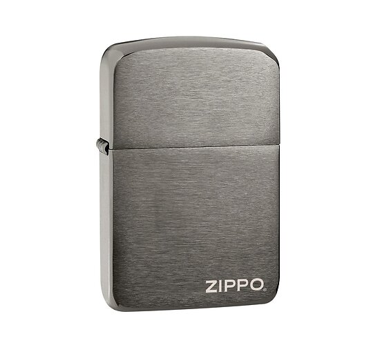 Zippo Replica 1941 Black ice aansteker met geborstelde afwerking en lasergravure, zwart-grijs van kleur met Zippo-logo rechtsonder