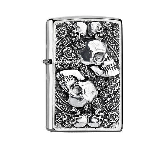 Zippo Skull & Roses regular aansteker in chrome met geborsteld oppervlak en embleem van schedels en rozen