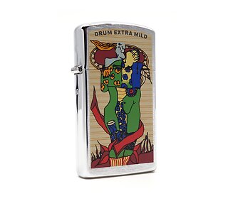 Zippo Slim Drum extra mild chrome met geborstelde afwerking en kleurrijk kunstobject print uit 1997