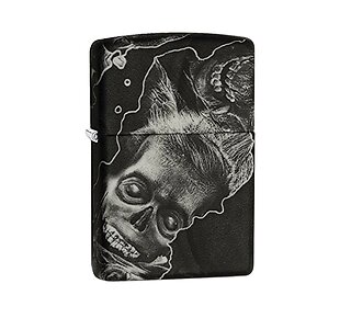 Zippo Soft touch zombie aansteker met zwarte en grijze zombie print en zachte rubberachtige soft touch afwerking