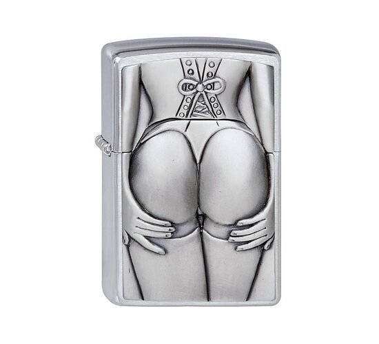 Zippo Stocking Girl emblem Regular met geborstelde chroom afwerking en gedetailleerd reliëf van vrouw in kousen