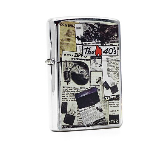 Zippo The 40's met gepolijste chrome afwerking en zwart-wit jaren 40 print