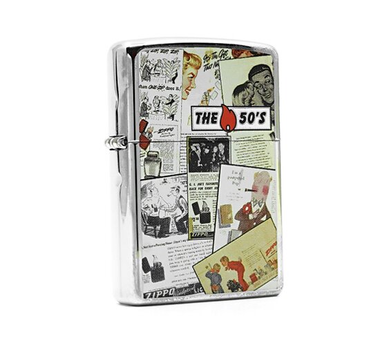 Zippo The 50's aansteker met gepolijste chrome afwerking en collage van jaren 50 foto's en teksten