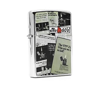 Zippo The 60's gepolijste chromen aansteker met jaren 60 advertentie print
