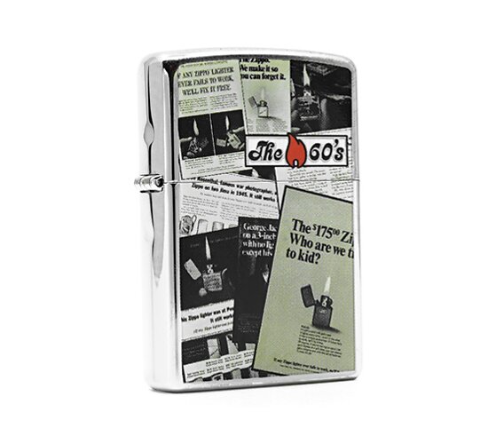 Zippo The 60's gepolijste chromen aansteker met jaren 60 advertentie print