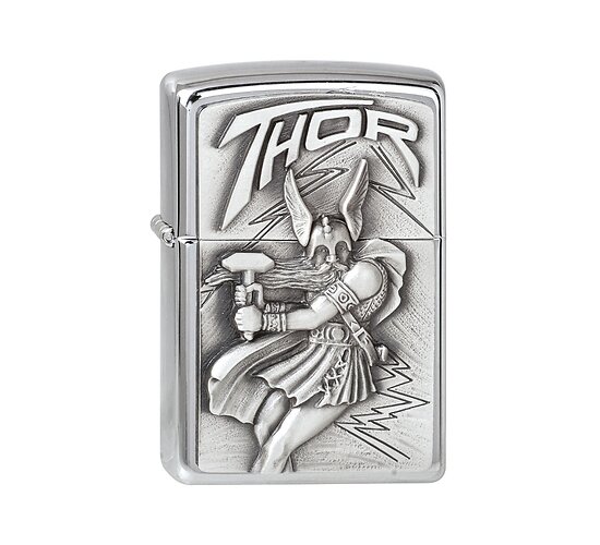 Zippo regular met geborsteld chrome oppervlak en hoog reliëf embleem van Viking god Thor met hamer