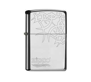 Zippo Tribal Tattoo aansteker in gepolijst chrome met lasergegraveerd tribal motief en Zippo logo
