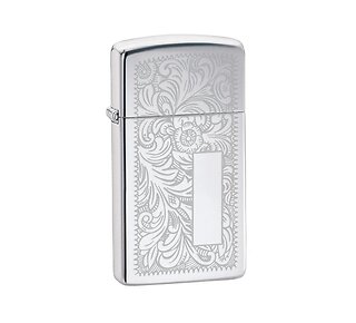 Zippo Venetian chrome slim met gepolijste chroomkleur en lasergegraveerd Venetiaans bladerenpatroon
