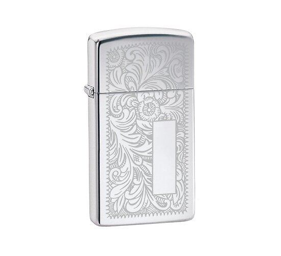 Zippo Venetian chrome slim met gepolijste chroomkleur en lasergegraveerd Venetiaans bladerenpatroon