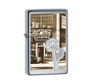 Vintage Zippo Windy Windproof aansteker met chromen behuizing, sepia bruine print van fabriek en gegraveerde Windy girl
