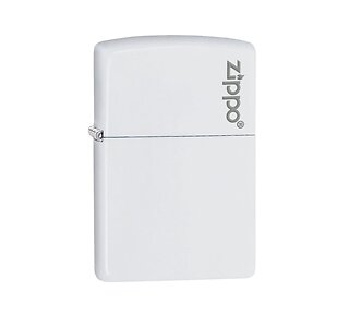 Zippo White met logo aansteker, Regular model, matte witte afwerking met grijs logo