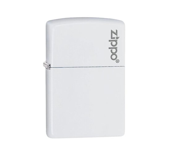 Zippo White met logo aansteker, Regular model, matte witte afwerking met grijs logo
