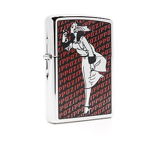 Zippo Windy Girl aansteker met gepolijste chromen afwerking, zwart met rood Zippo patroon en chrome vrouwelijk silhouet