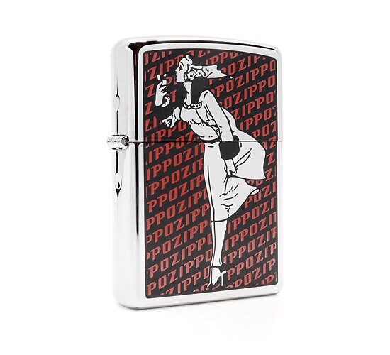 Zippo Windy Girl aansteker met gepolijste chromen afwerking, zwart met rood Zippo patroon en chrome vrouwelijk silhouet
