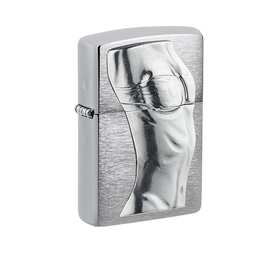 Zippo Women Torso Regular met geborsteld chromen afwerking en 3D vrouwentorso embleem