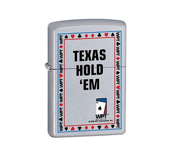 Zippo Texas Holdem WPT regular aansteker in satin chrome met kaartensymbolen en Texas Hold'em tekst