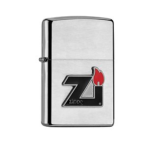 Zippo ZI Flame regular chrome met zwart ZI-logo en rode epoxy inlay vlam en geborstelde afwerking