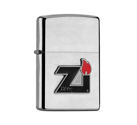 Zippo ZI Flame regular chrome met zwart ZI-logo en rode epoxy inlay vlam en geborstelde afwerking