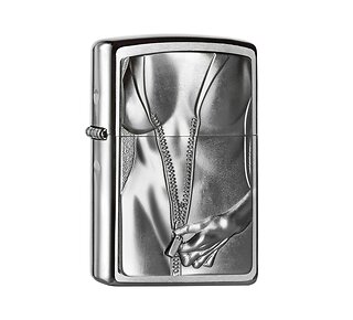 Zippo Zipper Girl geborstelde chrome aansteker met reliëf van vrouw in strakke bodysuit die rits opent