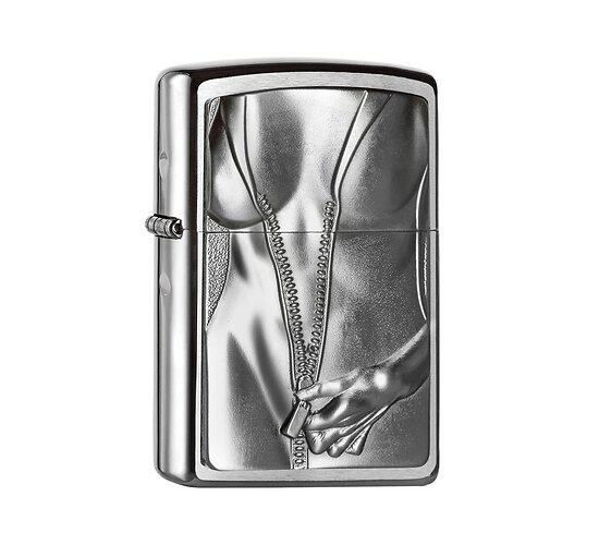 Zippo Zipper Girl geborstelde chrome aansteker met reliëf van vrouw in strakke bodysuit die rits opent