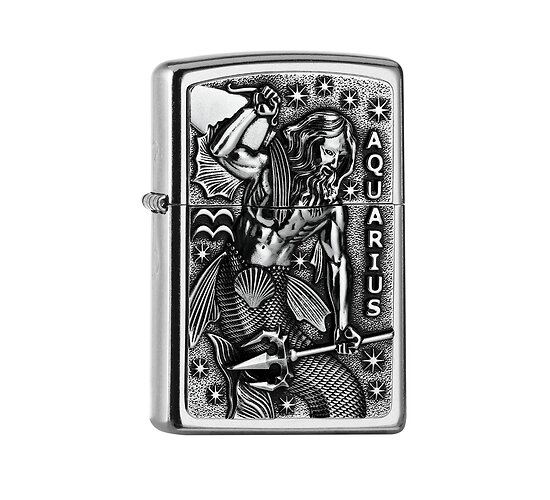 Zippo Zodiac Aquarius Regular chromen aansteker met reliëf embleem van vissenman en sterren