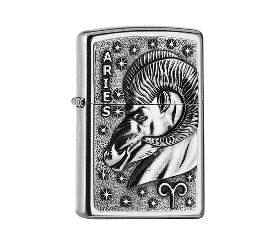 Zippo Zodiac Aries chrome aansteker met Street Chrome afwerking, embleem van ram en sterrenpatroon