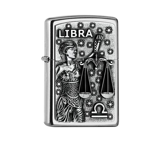 Zippo Zodiac Libra aansteker met Street Chrome afwerking en embleem van vrouw met weegschaal in reliëf
